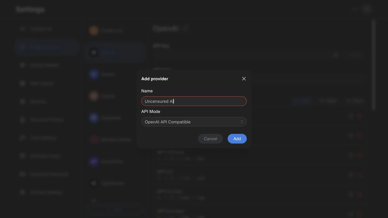 Chatbox · nome del provider e modalità OpenAI API Compatible