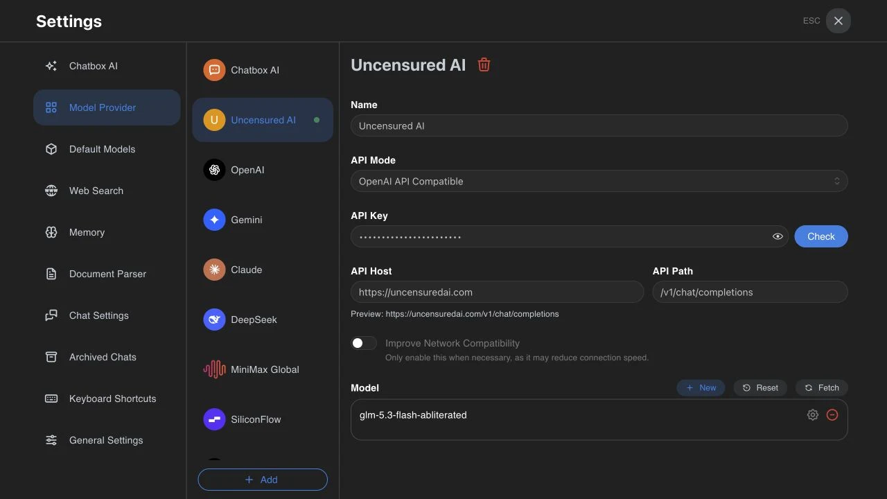 Chatbox · API Host e API Path compongono l’indirizzo corretto
