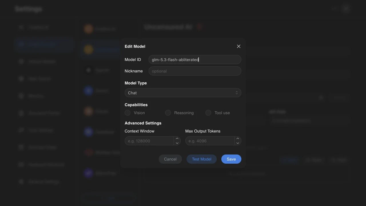 Chatbox · aggiunta manuale con l’ID esatto del modello