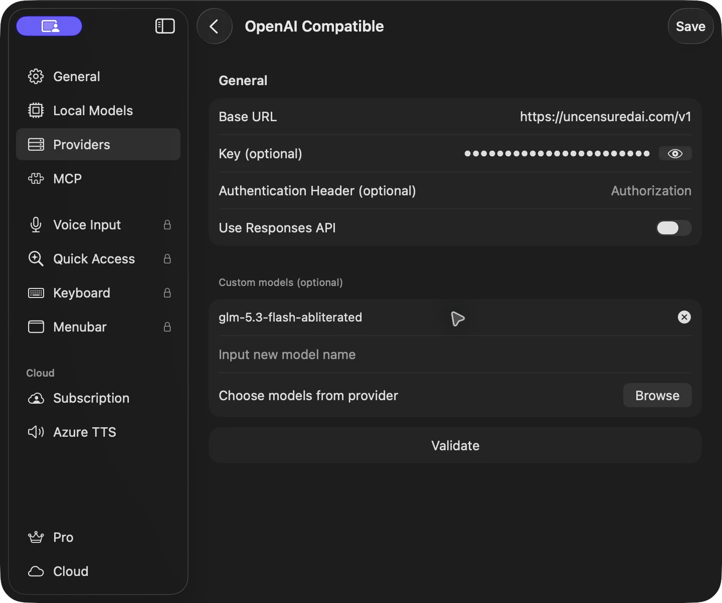 OpenCat · Base URL, chiave mascherata e modello personalizzato