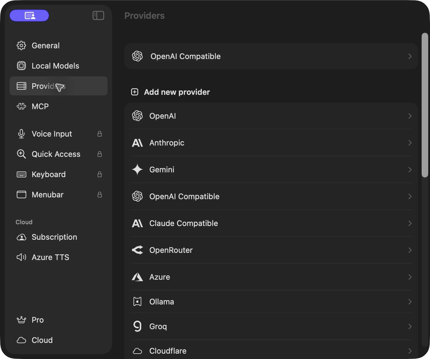 OpenCat · Settings → Providers → OpenAI Compatible