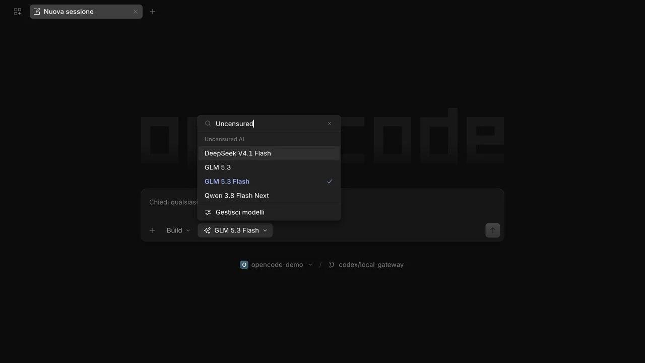 OpenCode 1 · all four models under Uncensured AI